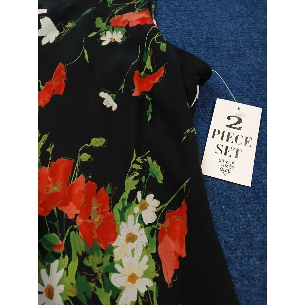 R&K Originals Long Black Sleeveless Dress w/Red & White Floral 16 NWT - Picture 5 of 10